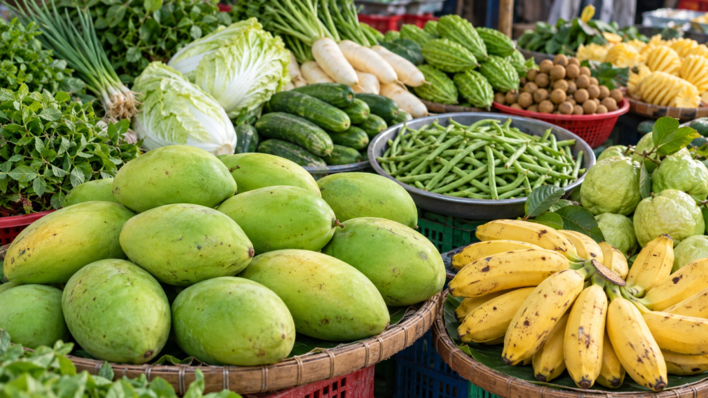 Vietnam fruit and vegetable exports market with fresh mangoes, bananas and vegetables