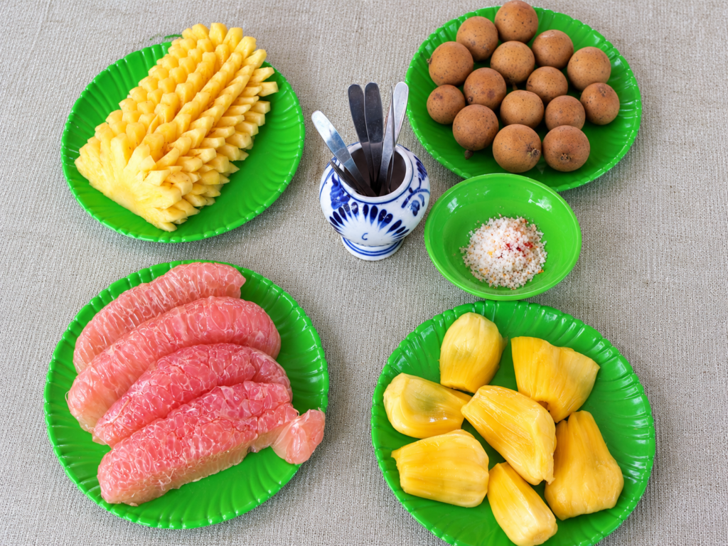 Assorted Vietnamese tropical fruits prepared for tasting and display